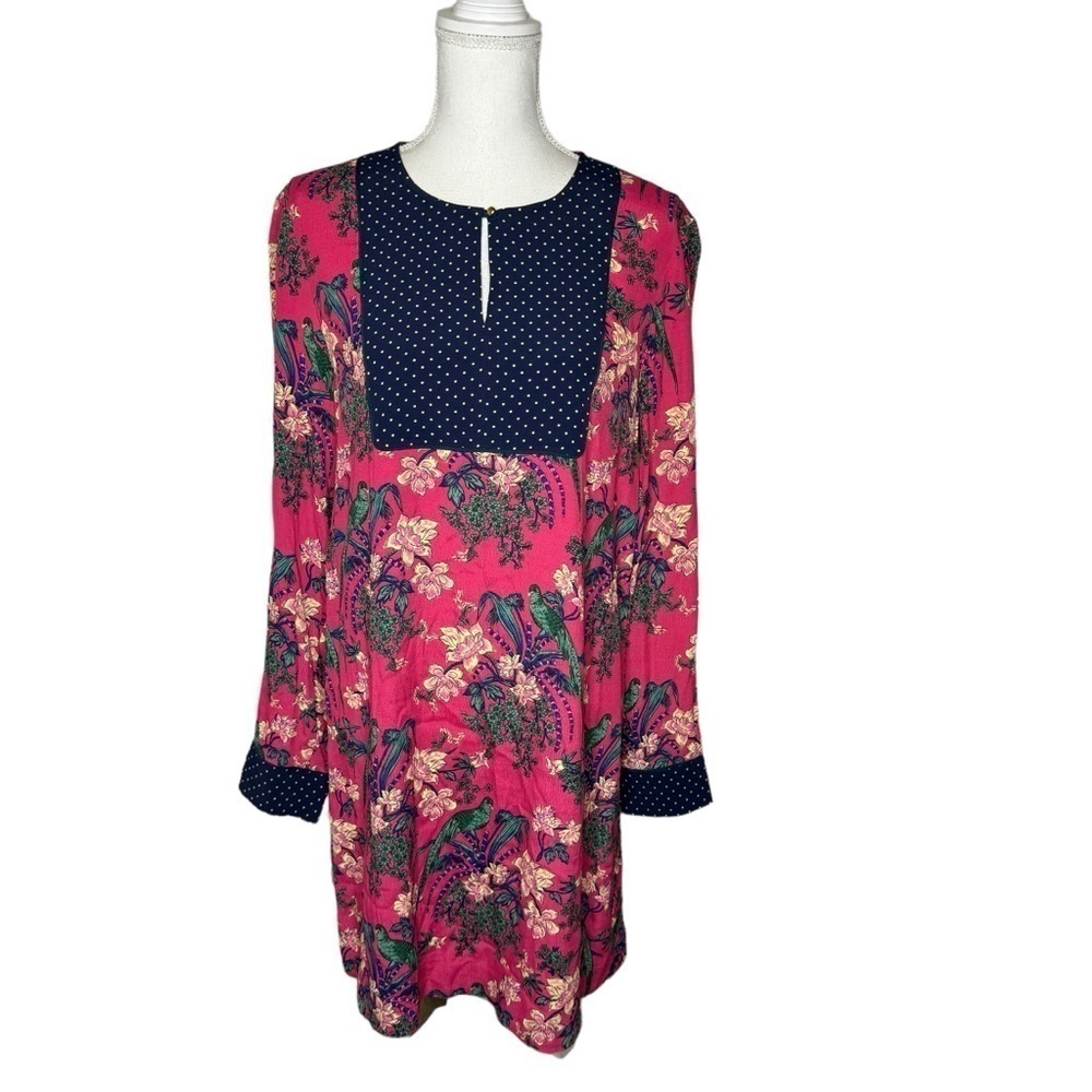 Anthropologie Maeve Pink Polka Dot Tropical Parrot Dress 8